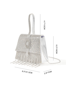 Sac de soirée de luxe Bell, inspiré des créateurs, carré, orné de diamants étincelants, en polyester, avec chaîne et pompon, sac à bandoulière pour mariée et mariage - Product Image 3