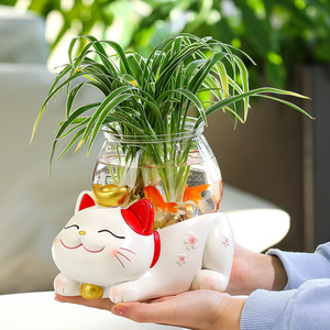 Lucky Cat Resin Planter With Water Vase For Home Desk Decoration - Product Image 3