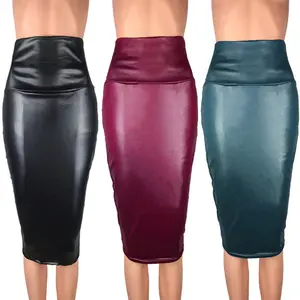 Women Vintage Spring Bodycon Skirt Sexy Clubwear PU Leather Solid Color High Waist Slim Hip Pencil Skirts