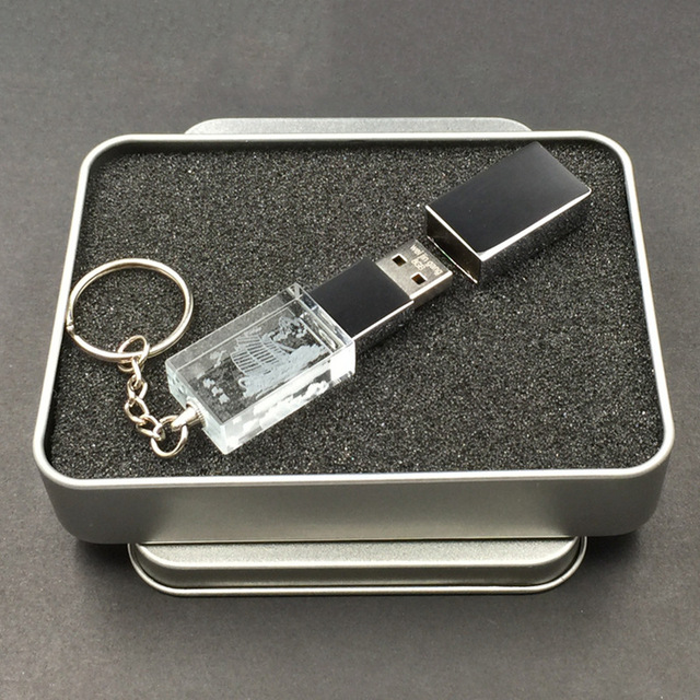 Crystal Metal USB Flash Drive with LED Logo Customizable Logo USB 2.0/3.0 Interface Promotional Gift with Keyring