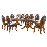 Ensemble table à manger et 8 chaises en bois massif et cuir, style français européen, antique, avec sculptures occidentales, design rectangulaire pour villa et cuisine