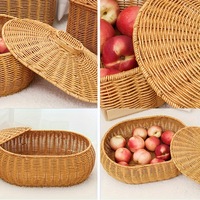 Keranjang Penyimpanan Bulat Anyaman PP dengan Tutup untuk Buah, Camilan, Perhiasan, Kosmetik & Mainan