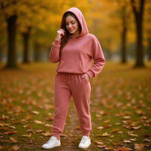 Tuta da donna in pile con cappuccio, maniche lunghe, tinta unita, vestibilità comoda, con tasche laterali e pantaloni con coulisse, per l'autunno - Product Image 2