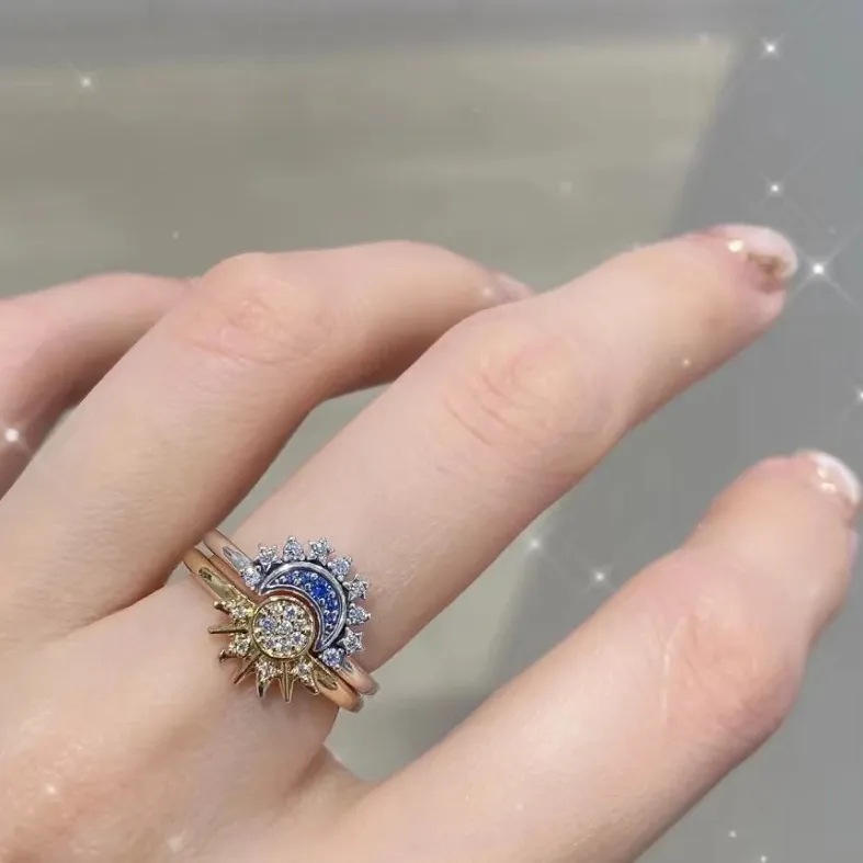 Celestial Moon Sun Ring Set Sparkling Blue Moon Ring with 14K Gold/Silver Plating Friendship Promise Ring