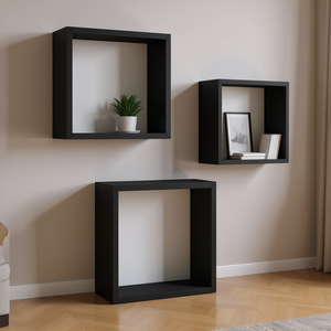 Set di 3 mensole a cubo in MDF nero, grandi, medie e piccole, per l'organizzazione di casa e ufficio, design minimalista - Product Image 2