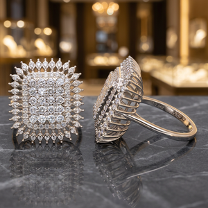 14K Yellow Gold Rectangular Halo Engagement <b>Wedding</b> Statement <b>Ring</b> Natural Diamond Cluster Pear Halo Rhodium Plated Made India - Product Image 1