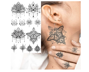 15 fogli Sexy hennè nero Mehndi Lotus tatuaggi temporanei per gioielli da donna pizzo <span class=keywords><strong>luna</strong></span> falena fiori ciondolo Temp tatuaggi - Product Image 6