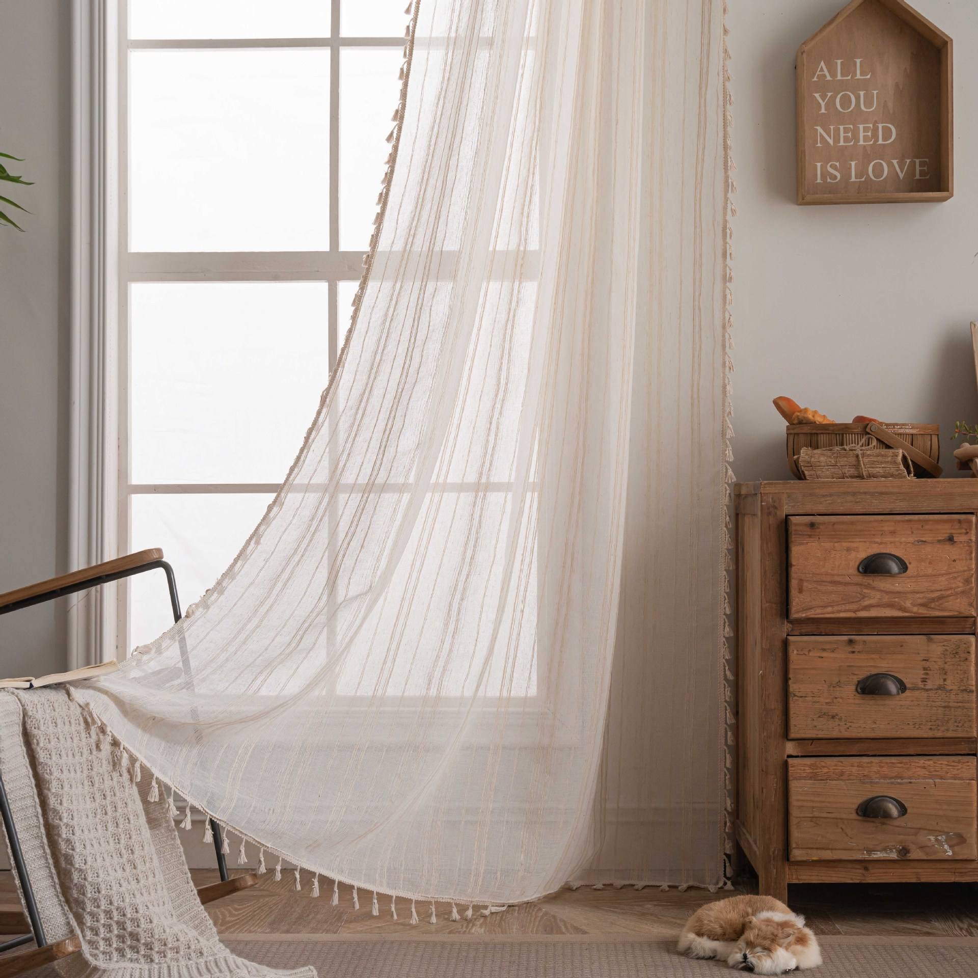 striped linen curtain beige tassel
