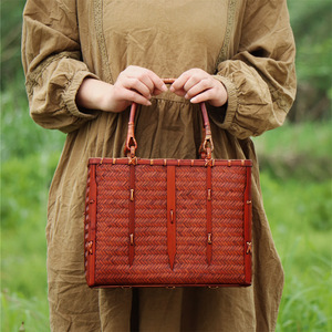 Handmade Bamboo Woven Bag Japanese Zen Style Women's Tote Eco Friendly Casual Beach Bag 3L Capacity Two Handles - Product Image 2
