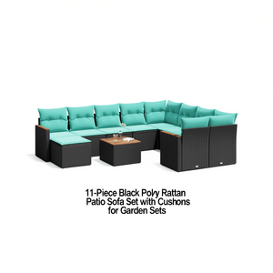 11-Piece Black Poly <b>Rattan</b> Patio <b>Sofa</b> Set With Cushions For Garden Sets - Product Image 1