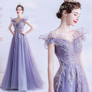 Purple Off Shoulder V Neck Wedding Evening Gown Empire Waistline Tulle Dress For Bride Banquet Party - Product Image 2