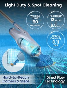 Aspirateur de <span class=keywords><strong>piscine</strong></span> sans fil portatif avec perche de 6 pieds, 2 têtes de brosse, nettoyage ciblé pour piscines creusées, spas et bains à remous, rechargeable, autonomie de 60 minutes, portée de 20 pieds - Product Image 3