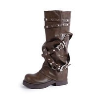 Bottes de moto en gros, bottes à boucle de ceinture à la mode pour femmes, bottes hautes à bout rond et talon épais, à plateforme pour femmes