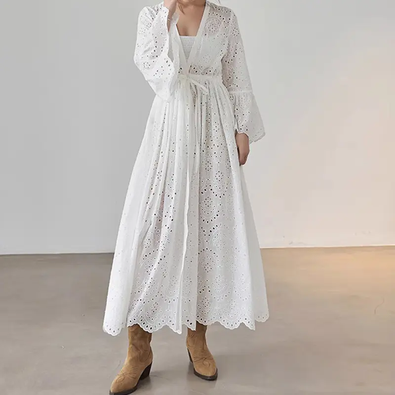 2023 Férias Elegante Plus Size Manga Longa Luxo Boêmio Romântico Casual Mulheres Longo Robe Ilhó Vestido De Algodão Orgânico