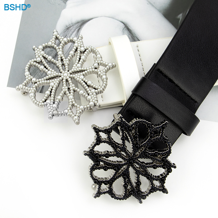Custom 3d Logo Shiny Pearl/Rhinestone Silver Plated Metal Buckle With Black Diamond Leather Belt With Plate Buckle Customizable