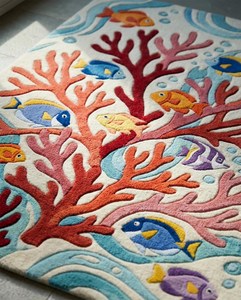 Tapis de sol en laine fait main motif corail et poissons, texture tuftée à la main, couleur rouge ivoire, style tropical, pour chambre d'enfant, chambre à coucher, chambre des enfants - Product Image 2
