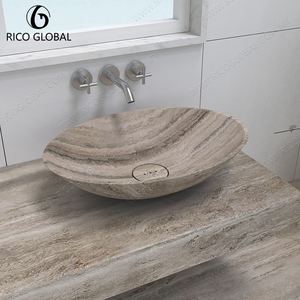 Lavabo ovale en travertin, vasque en pierre naturelle, design minimaliste poli, lavabo de salle de bain à poser, finition brossée - Product Image 2