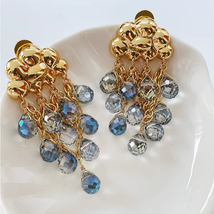 أزياء عتيقة مطلية بالنحاس الأصفر 18 قيراط غيوم ذهبية دموع المحيط أقراط شرابة كريستال زرقاء للبيع بالجملة - Product Image 2