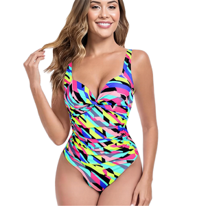 Maillot de bain une pièce en mousseline pour femme avec bonnets moulés et contrôle du ventre froncé, tenue de plage - Product Image 1