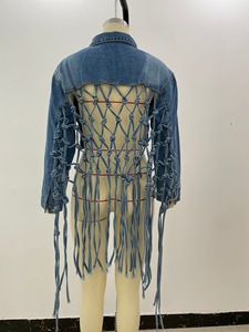 2025 Nueva chaqueta vaquera con <span class=keywords><strong>flecos</strong></span> de malla trasera para mujer, chaqueta de manga larga hueca tejida Retro para mujer - Product Image 6