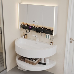 Meuble de salle de bain mural intelligent avec miroir LED et lavabo circulaire style crème pour hôtel - Product Image 1