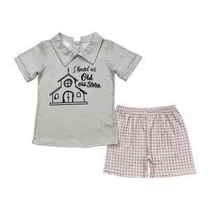 BSSO0742 old story Green short-sleeved plaid shorts suit baby boys clothing sets