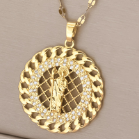 Collier pendentif Saint Jude rond plaqué or avec strass, médaille ajourée en maille, chaîne en acier inoxydable motif vague d'eau, bijoux religieux