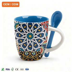 OEM ODM Custom Vintage Moroccan Style Ceramic Mug With Spoon Souvenir Geometric Pattern Cup for Tourist Gift