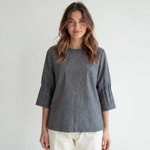 เสื้อลายตาหมากรุกผ้าฝ้ายผู้หญิงทรงกระดิ่งแขนกระดิ่งเสื้อท่อนบนผ้าคอตตอน100% น้ำหนักเบาเสื้อผ้าแฟชั่นเป็นมิตรกับสิ่งแวดล้อม - Product Image 5