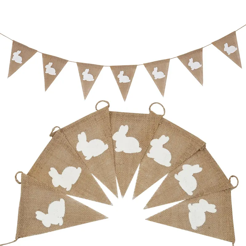 Bunny Burlap Banner Natural Jute Happy Easter Banner Triangle Flag Rustic for Esater Holiday Decor