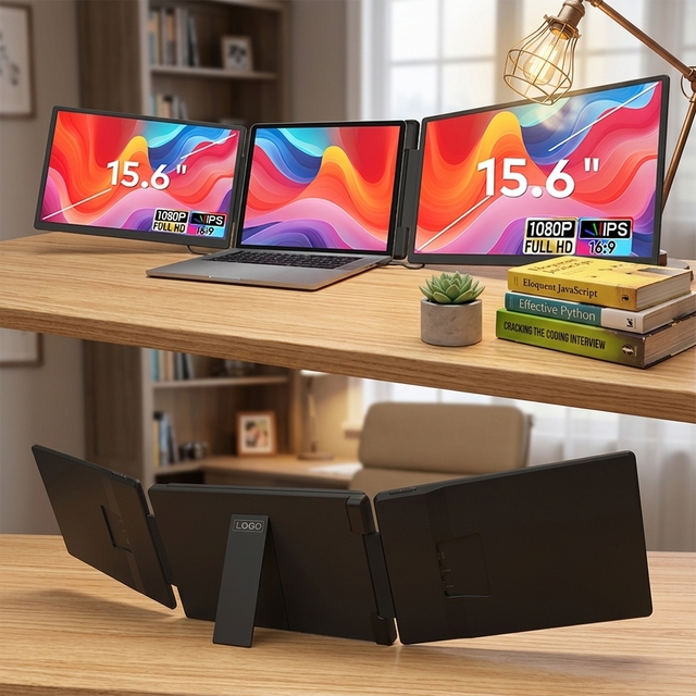 Portable Tri-Screen Monitor for Laptop 15.6 Inch Plug & Play FHD 1080P IPS Laptop Screen Extender with 360 Rotation for Laptop