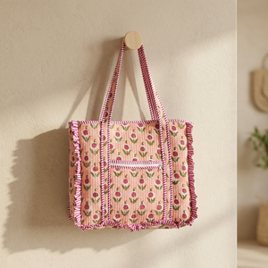 Indian Fashion Winter Women's Soft Quilted Cotton Lined Bohemian Tote <b>Bags</b> Multi-Color Floral Frilled Tote <b>Bag</b> Floral Cotton <b>Bag</b> - Product Image 1