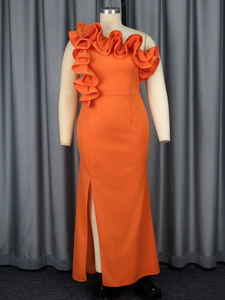 Çarpık boyun bir omuz fırfır çiçek balık kuyruğu kadın balo elbise - Product Image 4