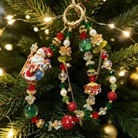 Breloque de sac de Noël Père Noël perlée, rouge, verte, en cristal et perles, porte-clés doré, pendentif de téléphone, cadeau fait main, vente en gros