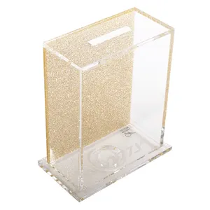 Custom Judaica Sliver Glitter Gold Back Slide Top Acrylic Charity Donation Box Clear Lucite Tzedakah Box