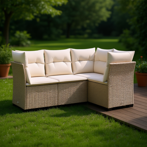Conjunto de Sofá de Jardín en Ratán Sintético PE Beige, Patas Ajustables, Muebles de Exterior de Diseño Contemporáneo, Cojines de Espuma de Alta Densidad - Product Image 2