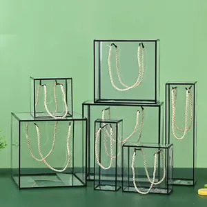 Logo personnalisé blanc noir or jante en plastique transparent acétate PVC PET boîte à vin cube carré avec poignées de corde