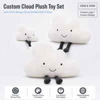 Ensemble de coussins en peluche nuage, trois tailles, avec jambes tombantes et visage mignon, personnalisable OEM ODM, vente en gros en vrac