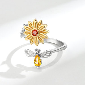 Geometric Colorful Cubic Zirconia Rotating Sunflower Open <b>Adjustable</b> <b>Rings</b> Copper Gold Plated Women Stress Relief Daisy Jewelry - Product Image 3