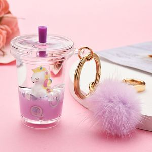 Cartoon Cute Unicorn Keychain Milk Tea Cup Liquid Quicksand Sequin Keyring Charm Bag Car Pendant <b>Key</b> <b>Chain</b> for Women Men Kids - Product Image 5