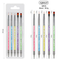 Lot de 5 pinceaux à double embout pour nail art, manche acrylique scintillant, pour la construction, la peinture, le mélange, le liner et le pointillage, outils de manucure pour salon
