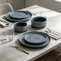 EKA Wholesale Service de table 12 pièces en céramique à glaçure réactive, style rustique moderne, à rayures verticales côtelées, pour décoration de mariage et articles ménagers
