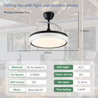 Ventilateur de plafond intelligent invisible à LED avec télécommande APP, 42 pouces, 3 pales, moteur DC rétractable moderne, OEM/ODM