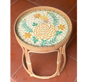 Mid Century Modern Rattan Tea <b>Table</b> <b>Round</b> Flower Inlaid Tabletop <b>Bedside</b> End <b>Table</b> for Apartment Decor - Product Image 5