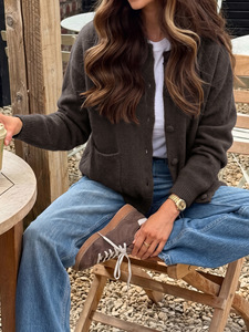 <span class=keywords><strong>Cardigan</strong></span> en tricot <span class=keywords><strong>marron</strong></span> <span class=keywords><strong>foncé</strong></span> pour femme, col rond, boutons recouverts, coupe ample, avec poches, style épuré - Product Image 2