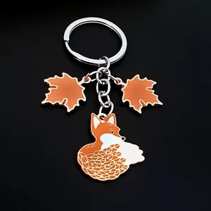 Dễ thương động vật Móc Chìa Khóa Fox và Maple Key Ring Fox Móc khóa kim loại men Keychain