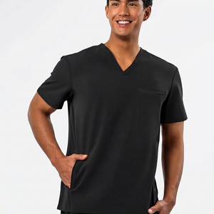 Haut de blouse médicale noir à col en V pour homme, en polyester tricoté, avec poche poitrine, pour usage médical - Product Image 1