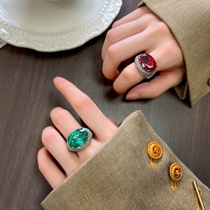 Dainty Jewelry Eco-friendly Copper Dazzling Oval Cut 13*18mm Paraiba Zircon Center Green Stone Focus <b>Adjustable</b> <b>Ring</b> - Product Image 6