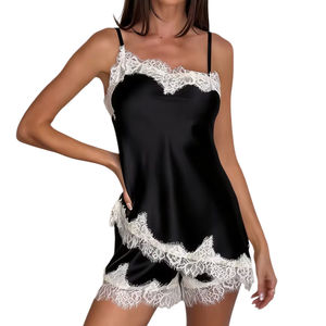 Nouvelle Collection Channel 2026 : Ensemble Pyjama en Satin Soyeux et Dentelle pour Femme – Caraco Asymétrique et Short de Nuit - Product Image 2