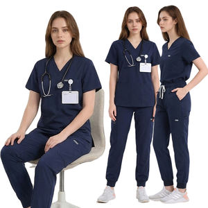 Ensembles de tenues médicales bleu marine : Haut à col en <span class=keywords><strong>V</strong></span> et pantalon jogger à taille élastique avec cordon de serrage et poches, en tissu polyester, rayonne et élasthanne - Product Image 1